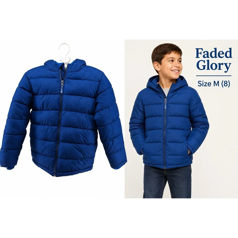Faded Glory Boys Blue Hooded Puffer Jacket Fleece Lined Size M (8) Warm Coat
